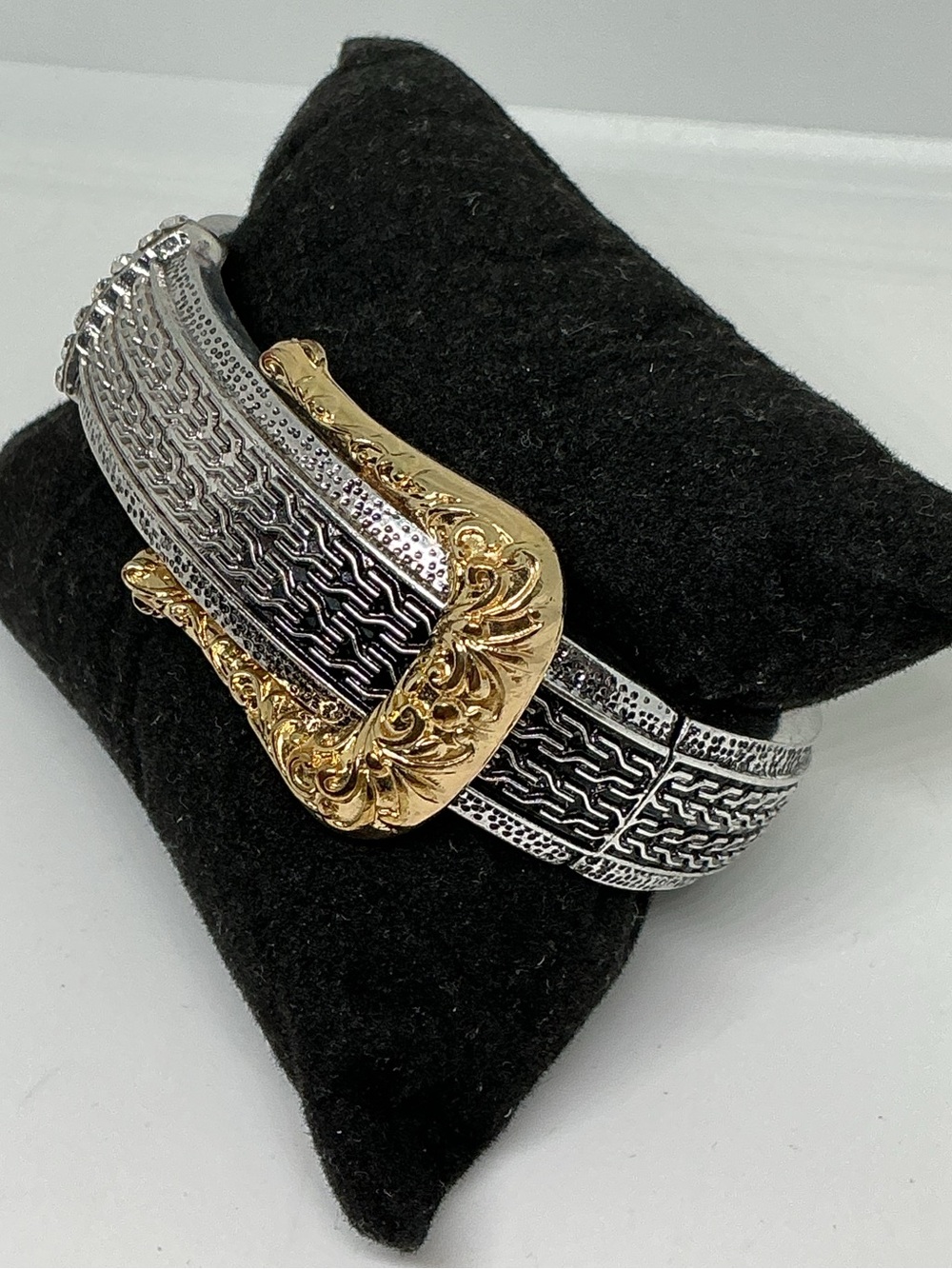 Vintage Two-Tone Buckle Clamper Bracelet Silver & Gold Tone Rhinestone Hinged
